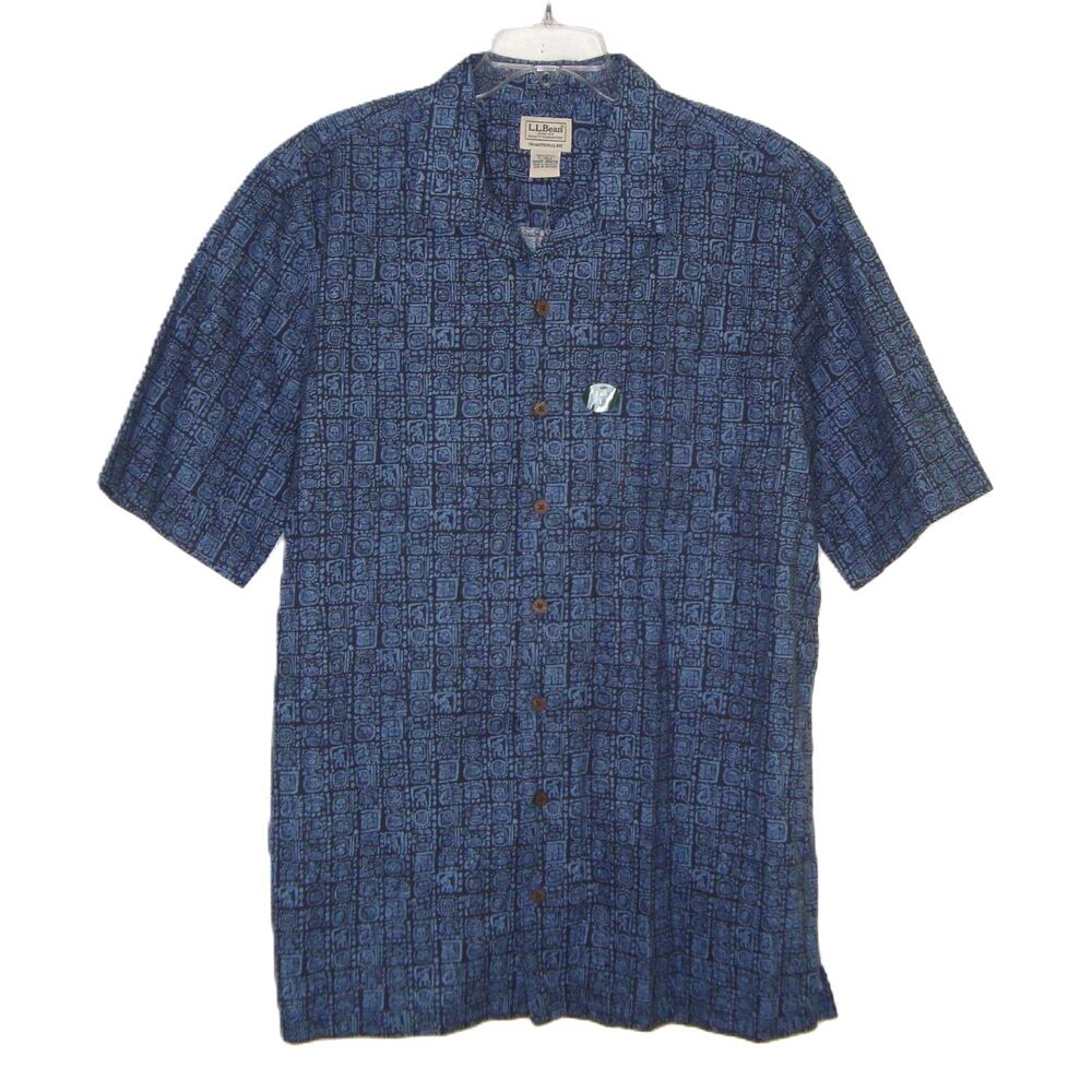 NWT L.L. Bean Traditional Fit Navy Button Up Shirt Mayan Tiki Print Tropics
